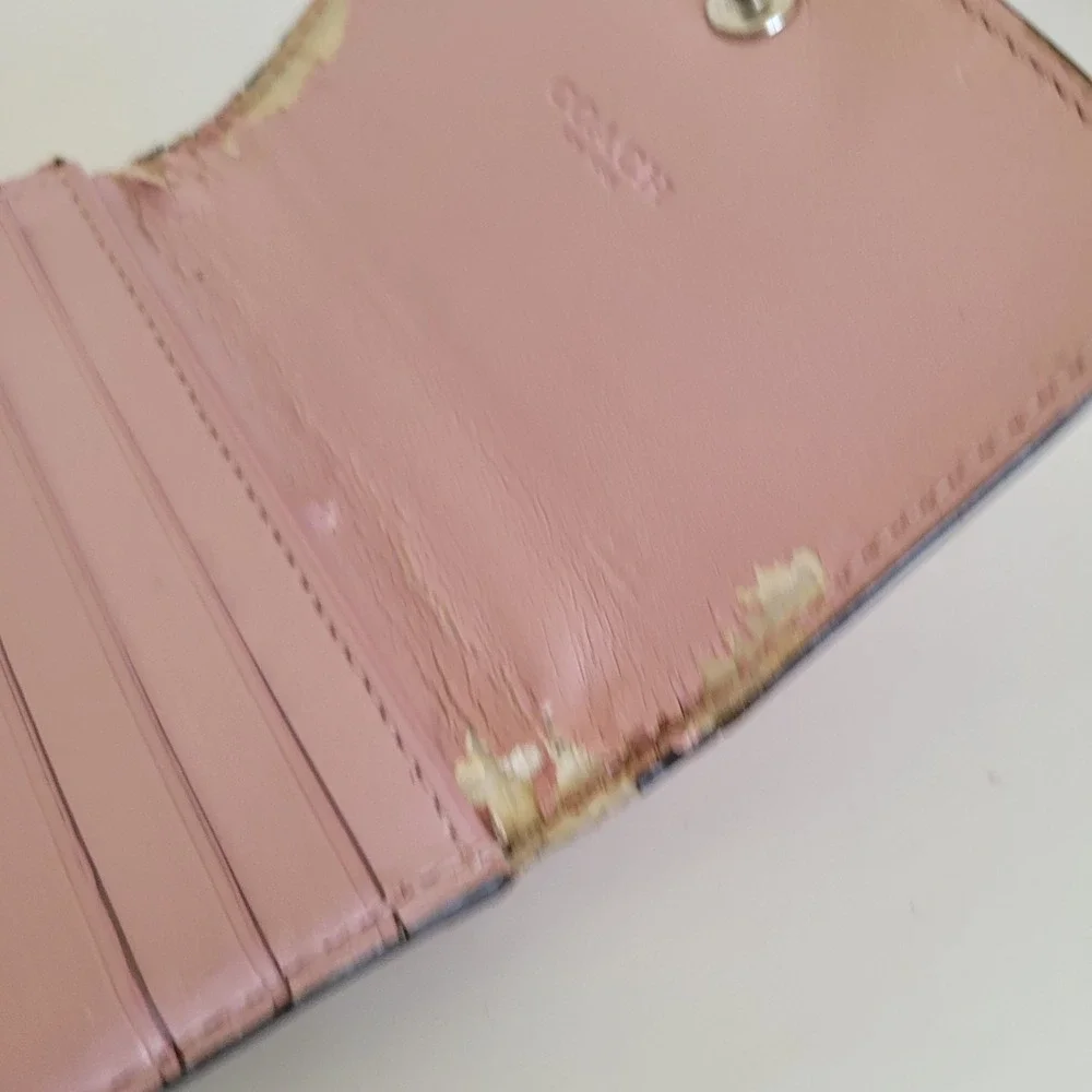 Coach Small Trifold Wallet Pink Khaki Signature Canvas Leather Trim